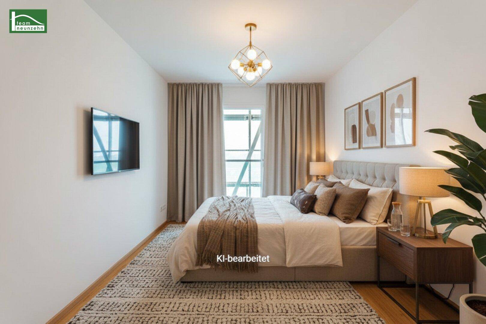 Gemütliches Schlafzimmer mit Doppelbett, modernem Dekor und Zugang zu einem Balkon.
