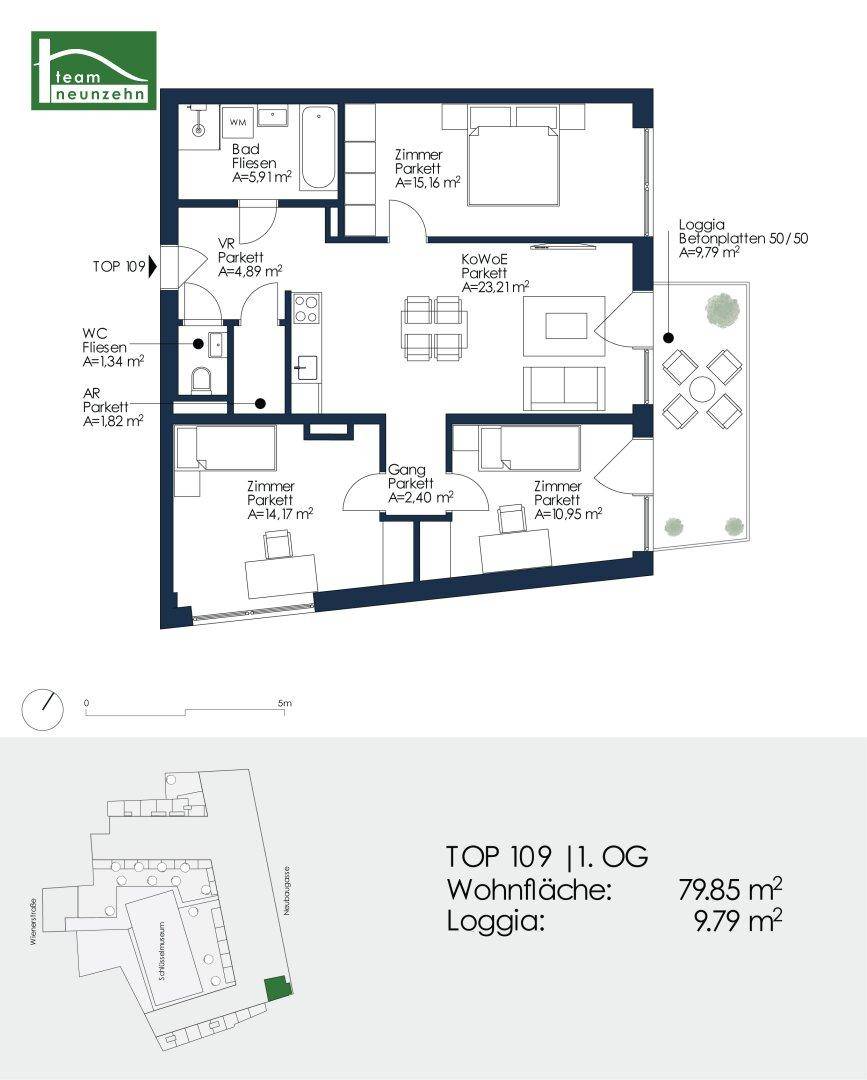 Grundriss der Wohnung TOP 109 im ersten Obergeschoss mit 79,85 m² Wohnfläche und Loggia.