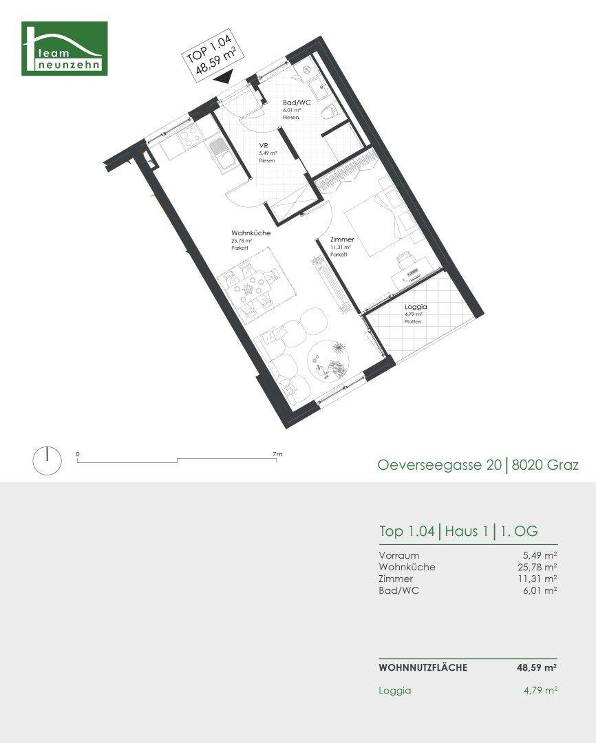 Grundriss der Wohnung Top 1.04 mit offener Wohnküche, Schlafzimmer und Loggia.