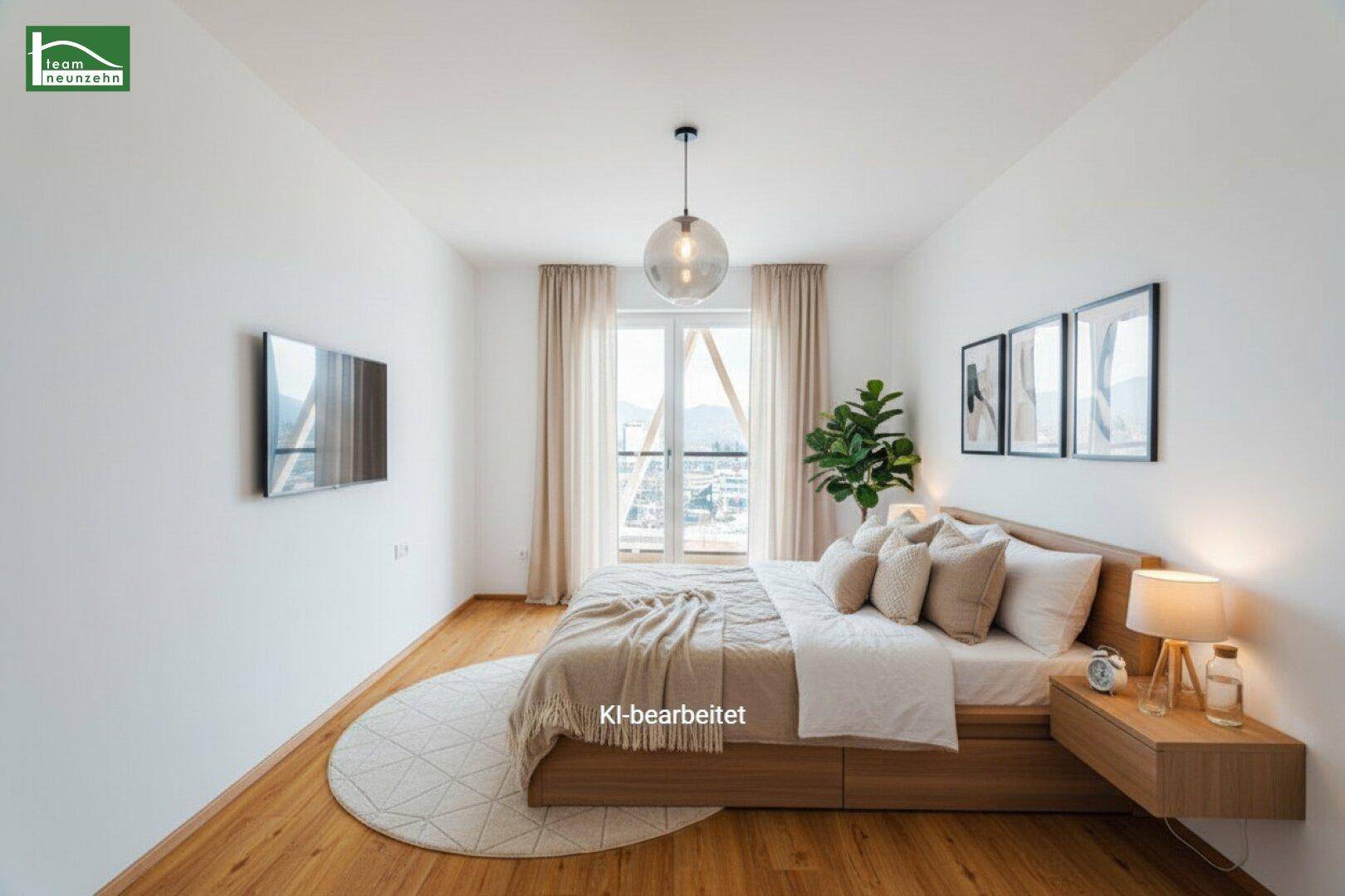 Virtuell möbliertes Schlafzimmer mit Doppelbett, modernem Dekor und Balkonzugang mit Aussicht.
