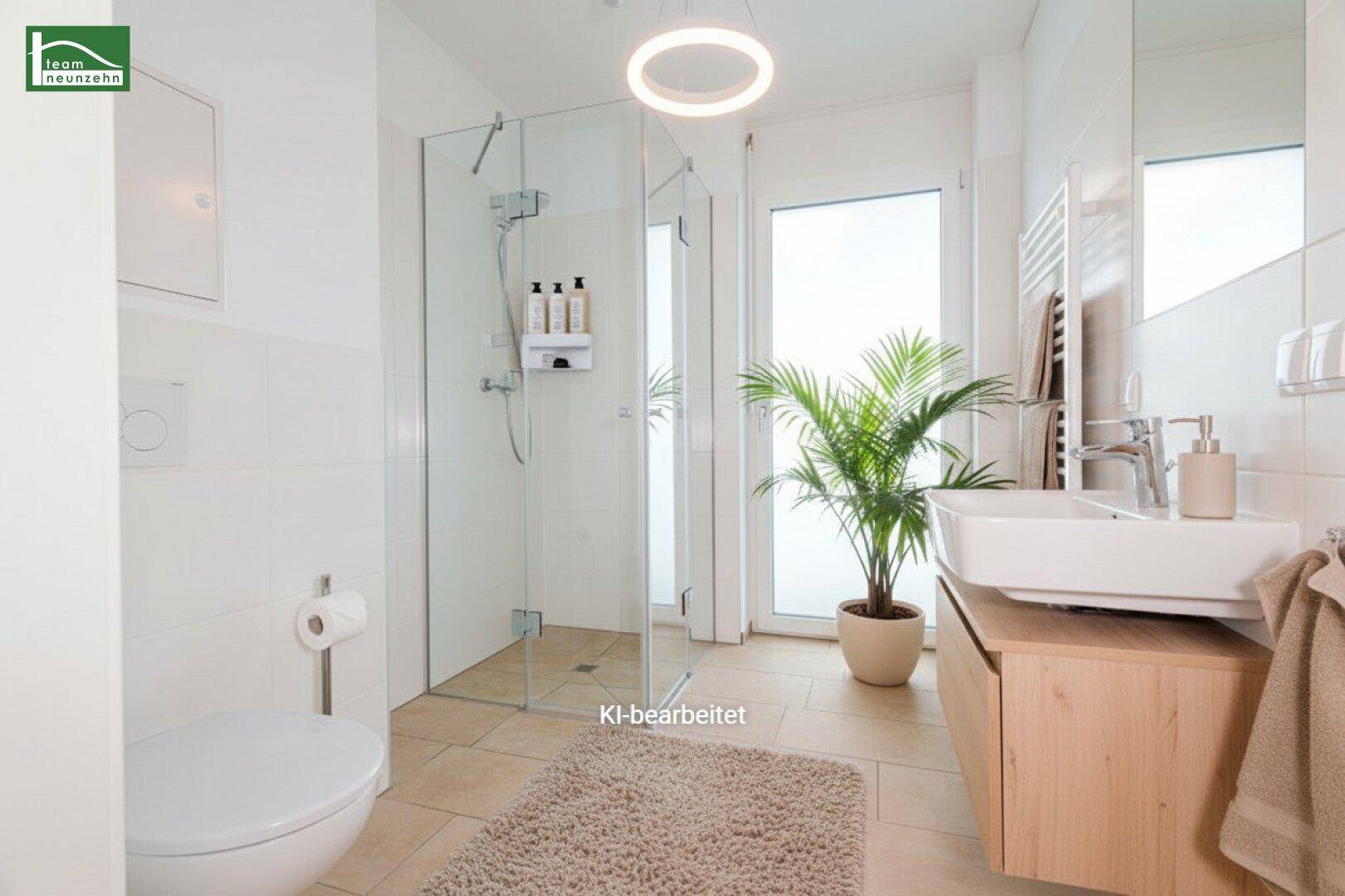 Stilvolles Badezimmer mit begehbarer Dusche, modernem Waschtisch und Fenster für Tageslicht.