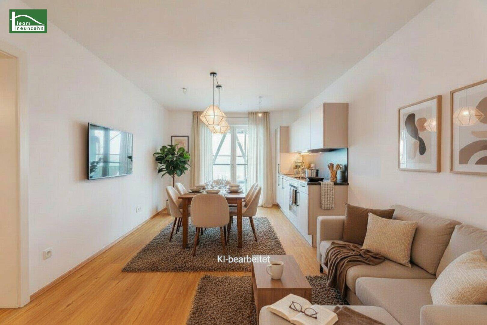 Virtuell eingerichteter offener Wohn-Essbereich mit moderner Küche und Zugang zum Balkon.