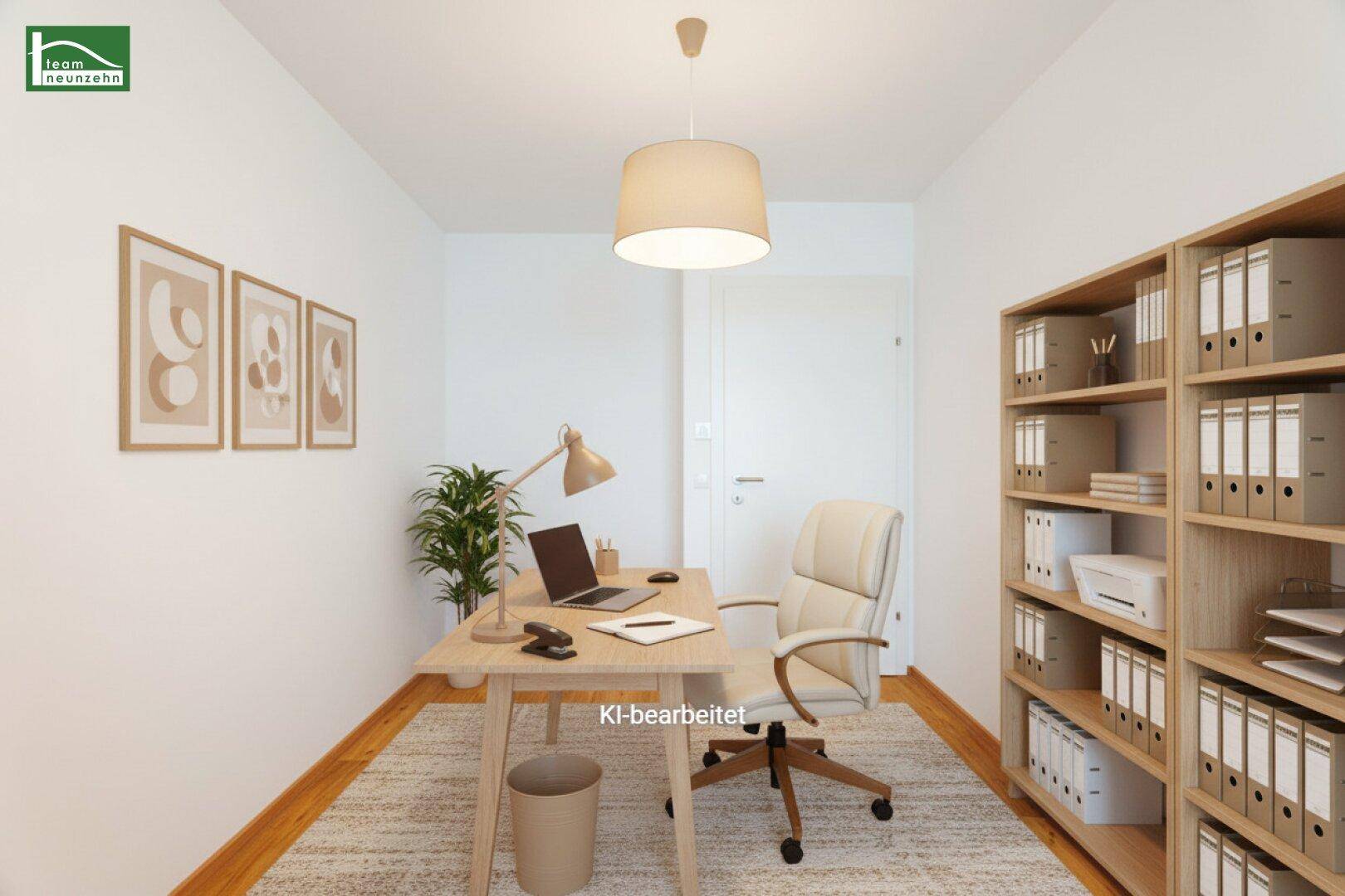 Virtuell eingerichtetes Büro mit Schreibtisch, Bürostuhl und Bücherregal.