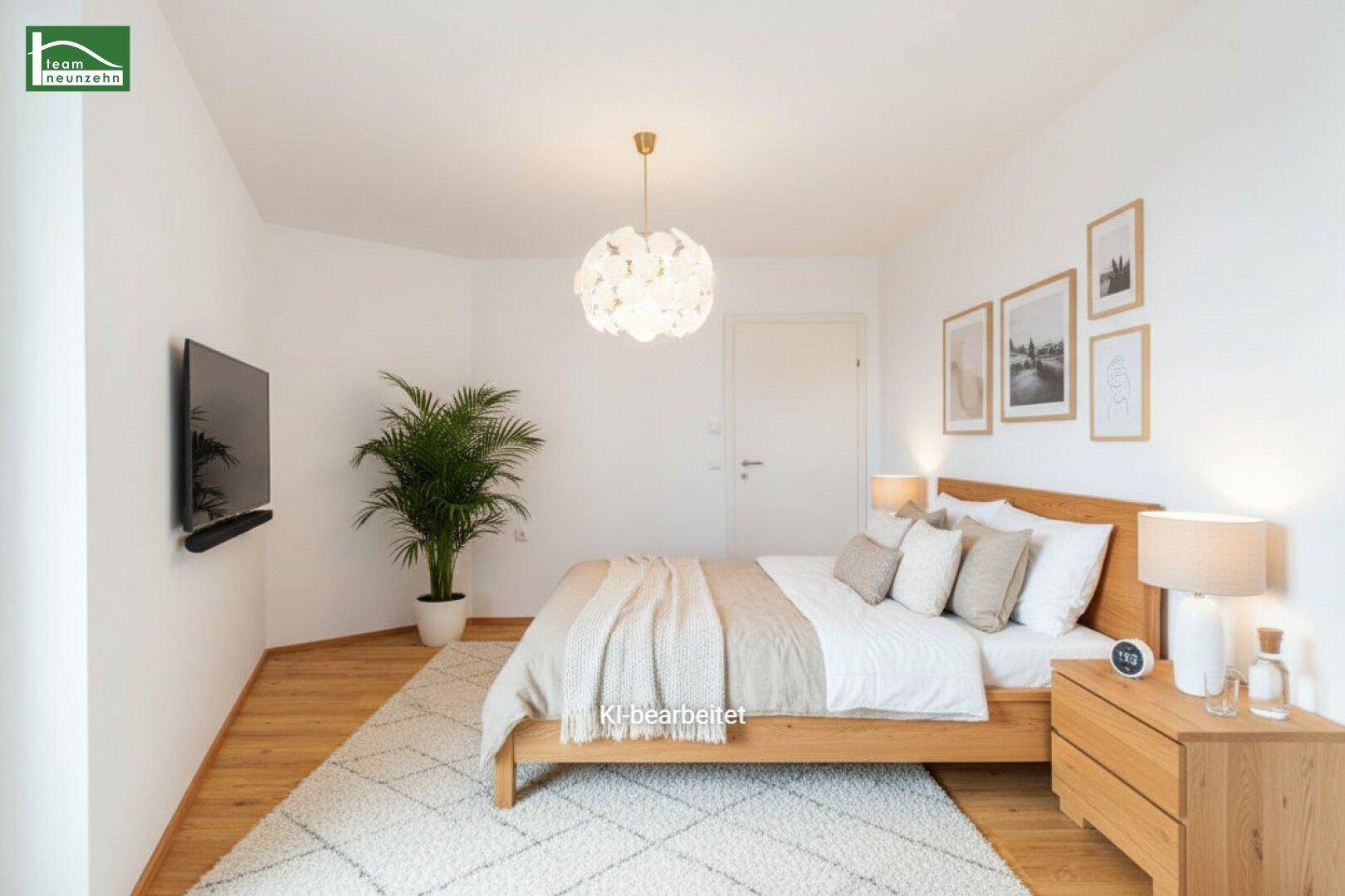Modern eingerichtetes Schlafzimmer mit Holzbett, Parkettboden und dekorativer Beleuchtung.