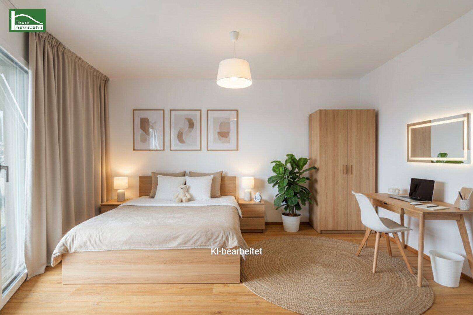 Modern eingerichtetes Schlafzimmer mit Holzbett, Schreibtisch und Zugang zu einem Balkon.