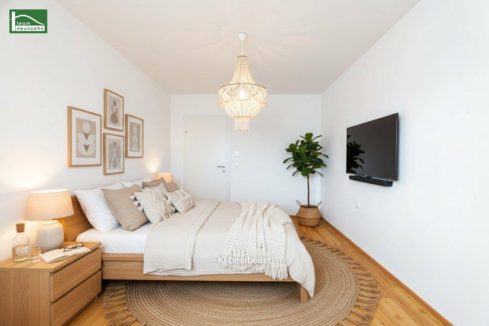 Modern eingerichtetes Schlafzimmer mit Doppelbett, Wand-TV und dekorativer Beleuchtung.