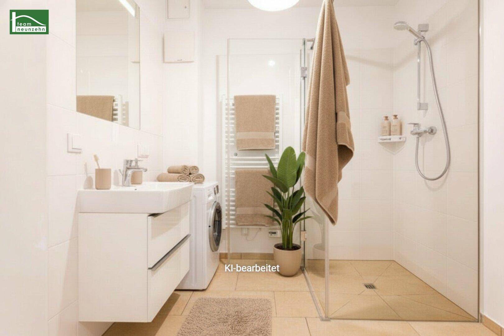 Modernes Badezimmer mit ebenerdiger Dusche, Waschbeckenunterschrank und Waschmaschine.