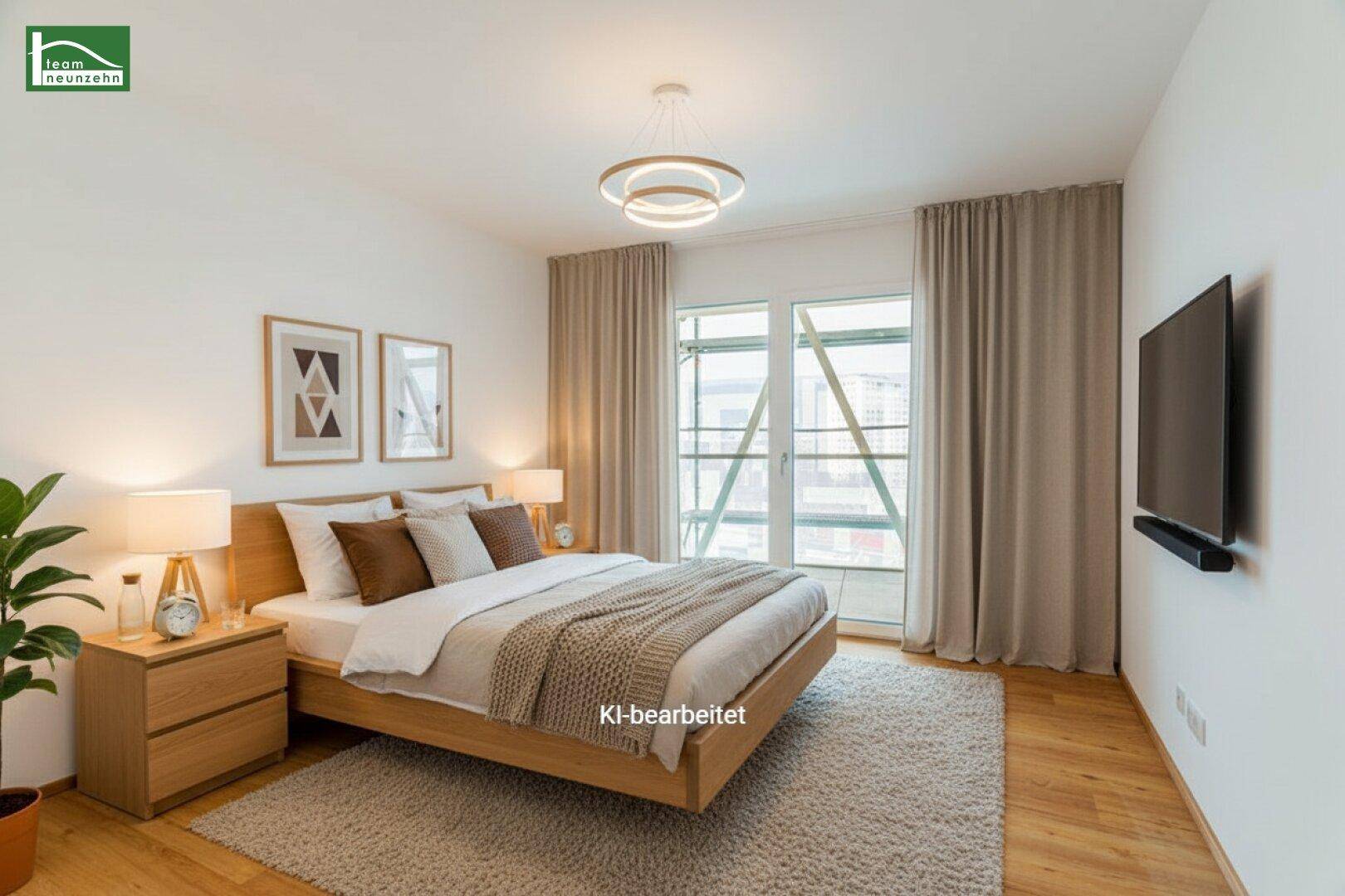 Virtuell inszeniertes Schlafzimmer mit Doppelbett, Nachttischen und Zugang zum Balkon.