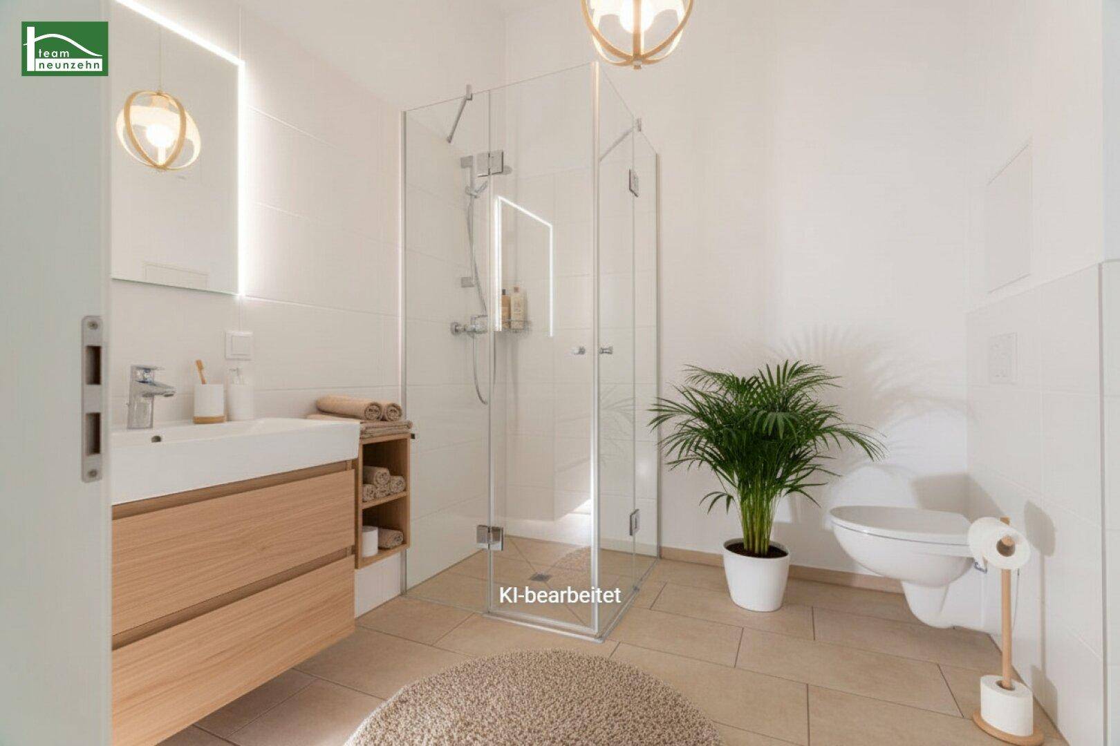Modernes Badezimmer mit begehbarer Dusche, stilvollem Waschtisch und dekorativer Pflanze.
