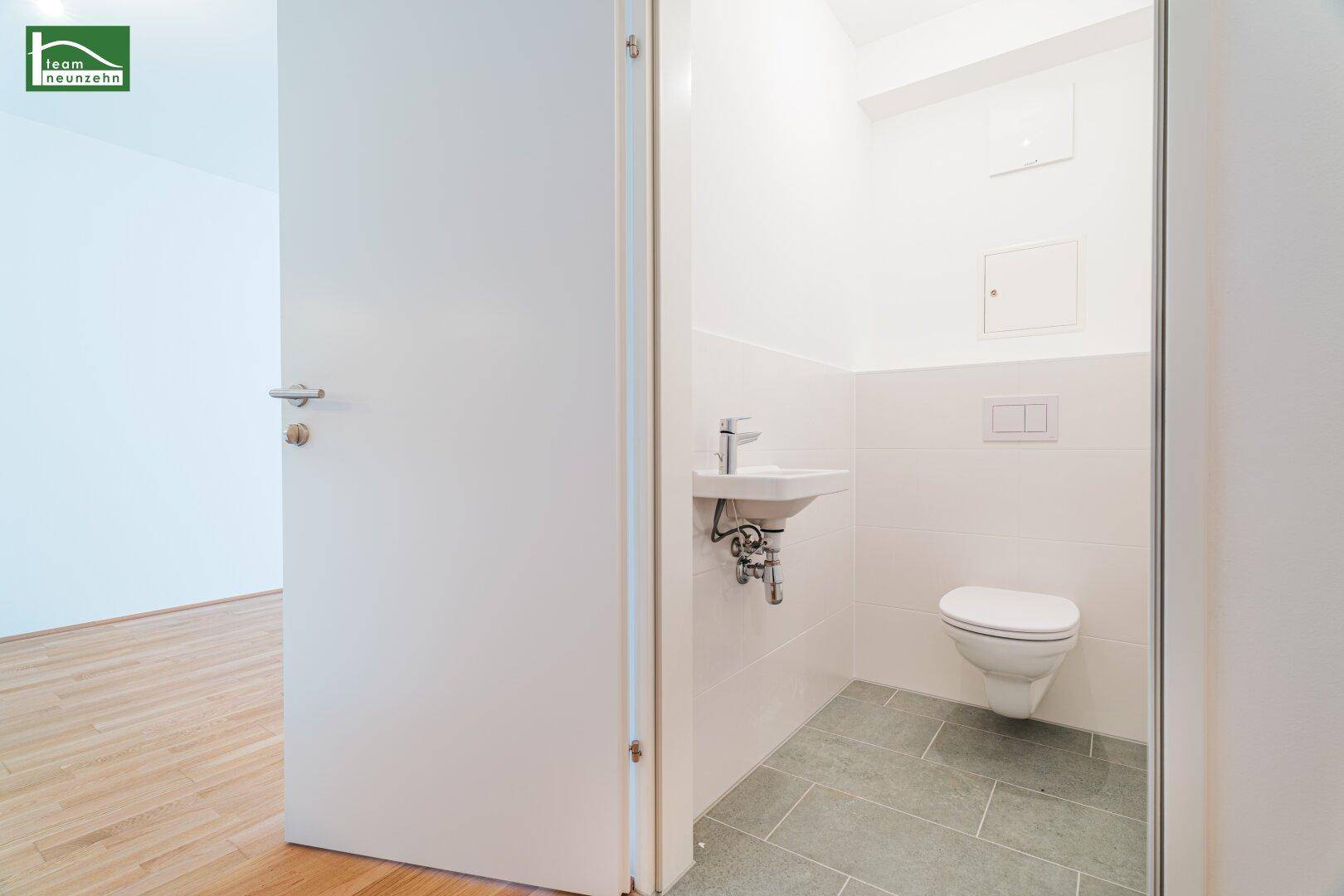 Modernes Gäste-WC mit Wand-WC, kleinem Waschbecken und stilvollem Fliesenboden.