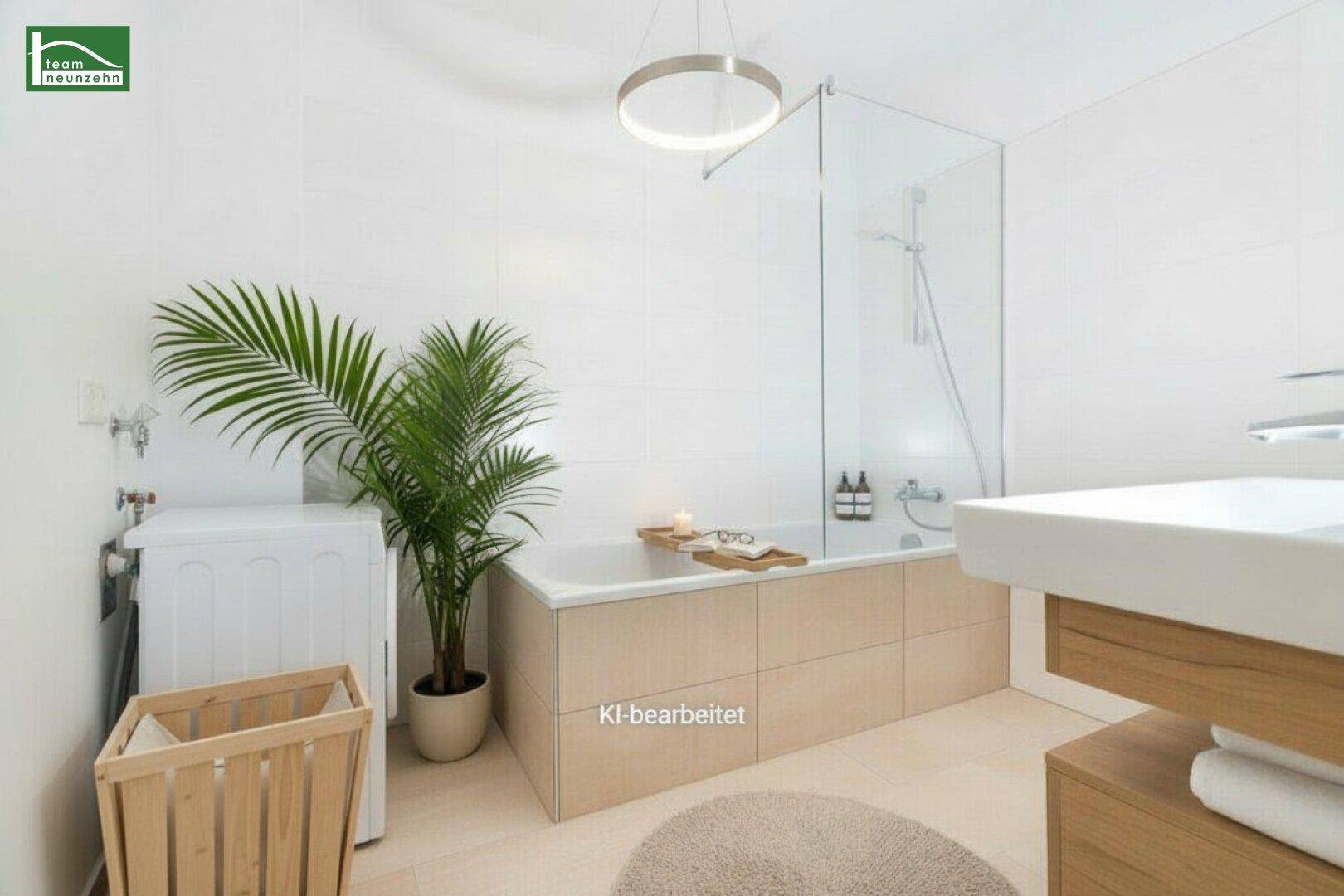 Modernes Badezimmer mit Badewanne, Waschmaschine und Pflanzen, KI-bearbeitet.