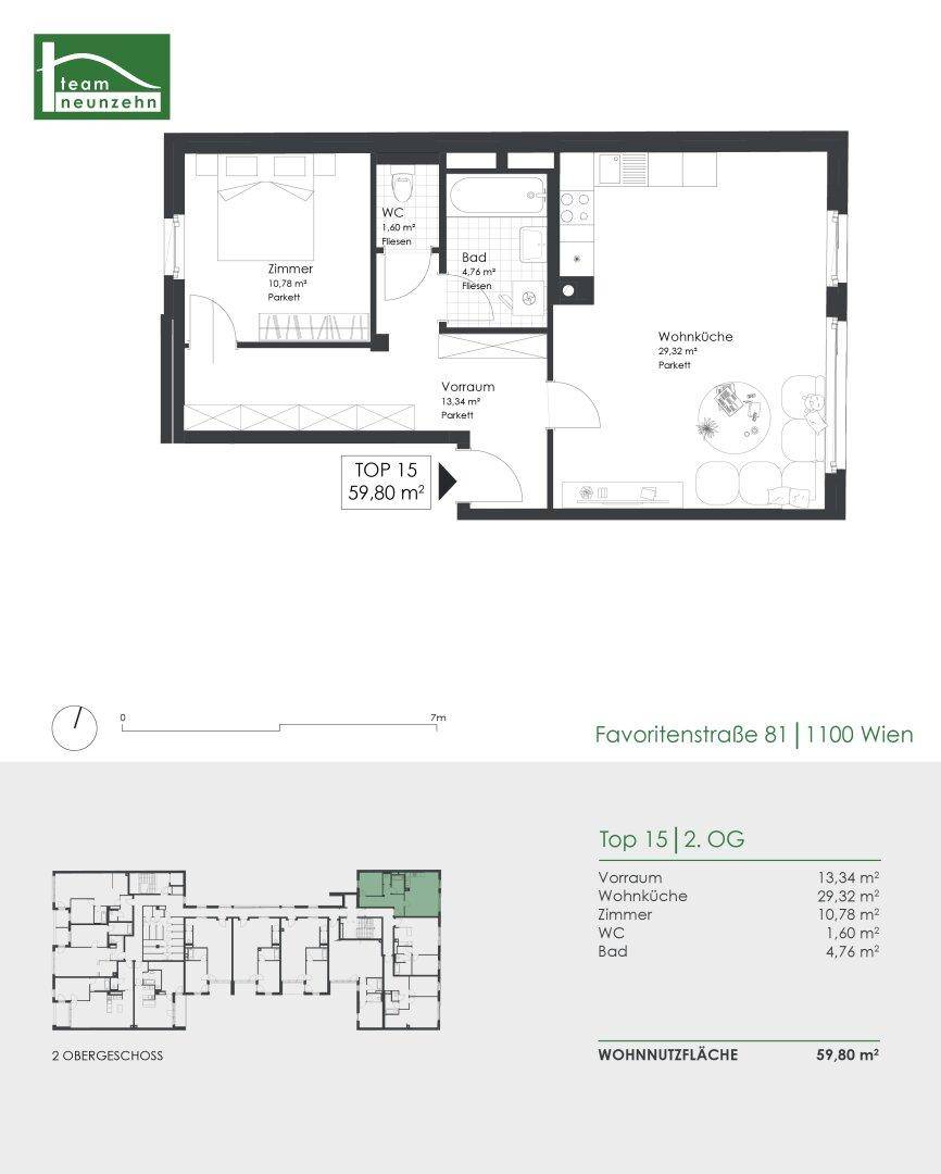Grundrissplan einer Wohnung mit Wohnküche, Schlafzimmer, Bad und separatem WC.