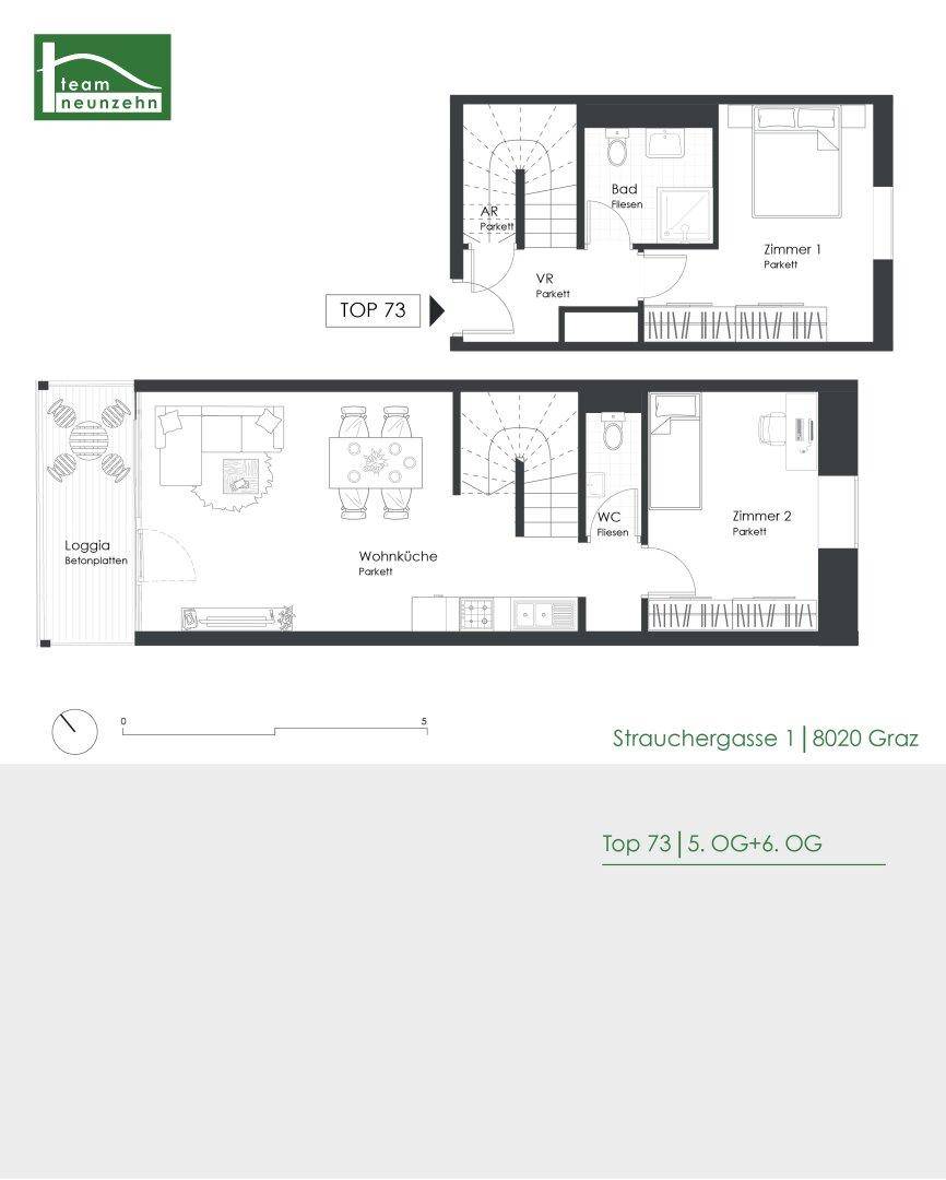 Grundrissplan einer Duplex-Wohnung über zwei Etagen mit offener Wohnküche und Loggia.