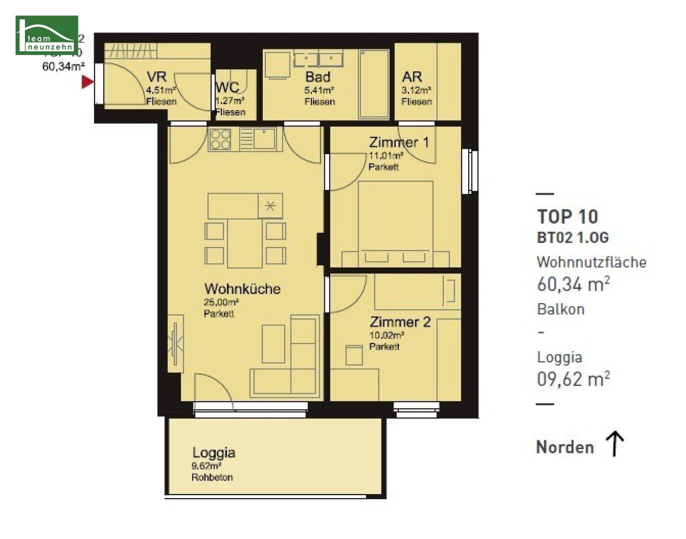 Grundriss der Wohnung Top 10 mit 60,34 m² Wohnfläche und Loggia.