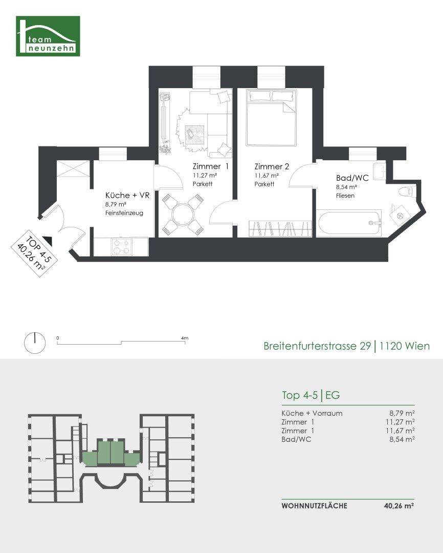 Grundriss einer 2-Zimmer-Wohnung im Erdgeschoss mit separater Küche und Bad.