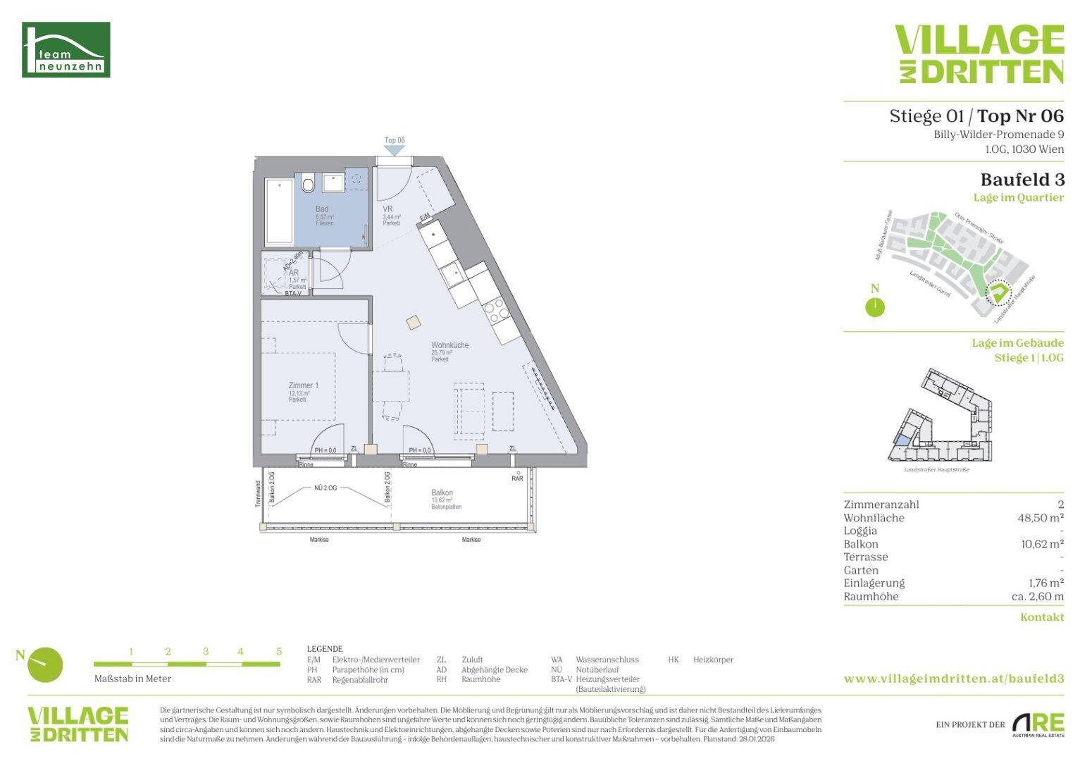 Grundriss einer Wohnung mit zwei Zimmern, Bad, separatem WC, Balkon und Loggia.