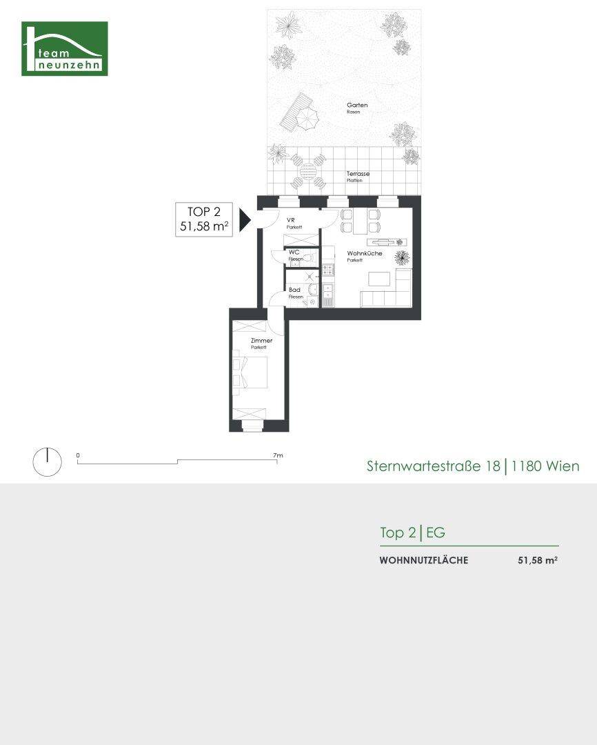 Grundriss der Wohnung Top 2 mit 51,58 m² Wohnfläche und Terrasse.