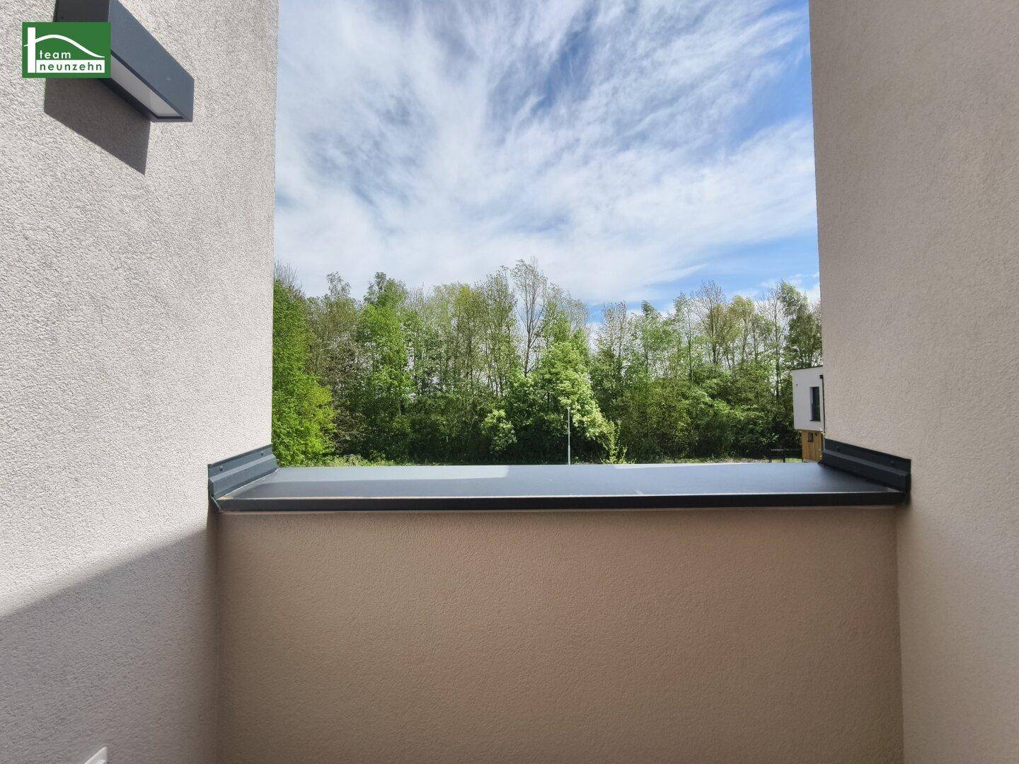 Grüne Aussicht auf Bäume und Natur von einem Balkon oder Fenster.