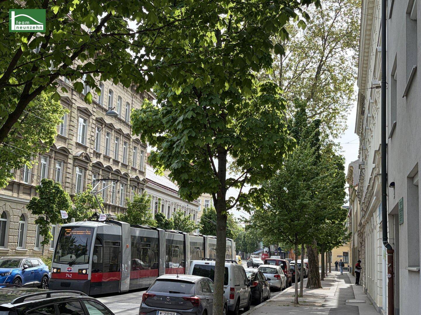 Belebtes Stadtbild mit einer Straßenbahn, parkenden Autos und grünen Bäumen entlang der Straße.