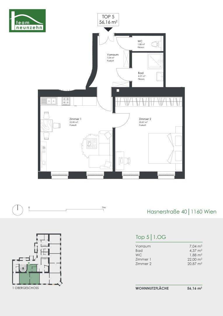 Grundriss der Wohnung Top 5 im ersten Obergeschoss mit 56,16 m² Wohnnutzfläche.