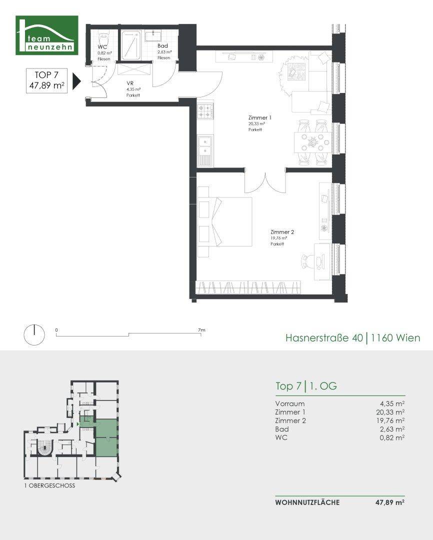 Grundriss der Wohnung TOP 7 im ersten Obergeschoss mit zwei Zimmern und separatem WC.
