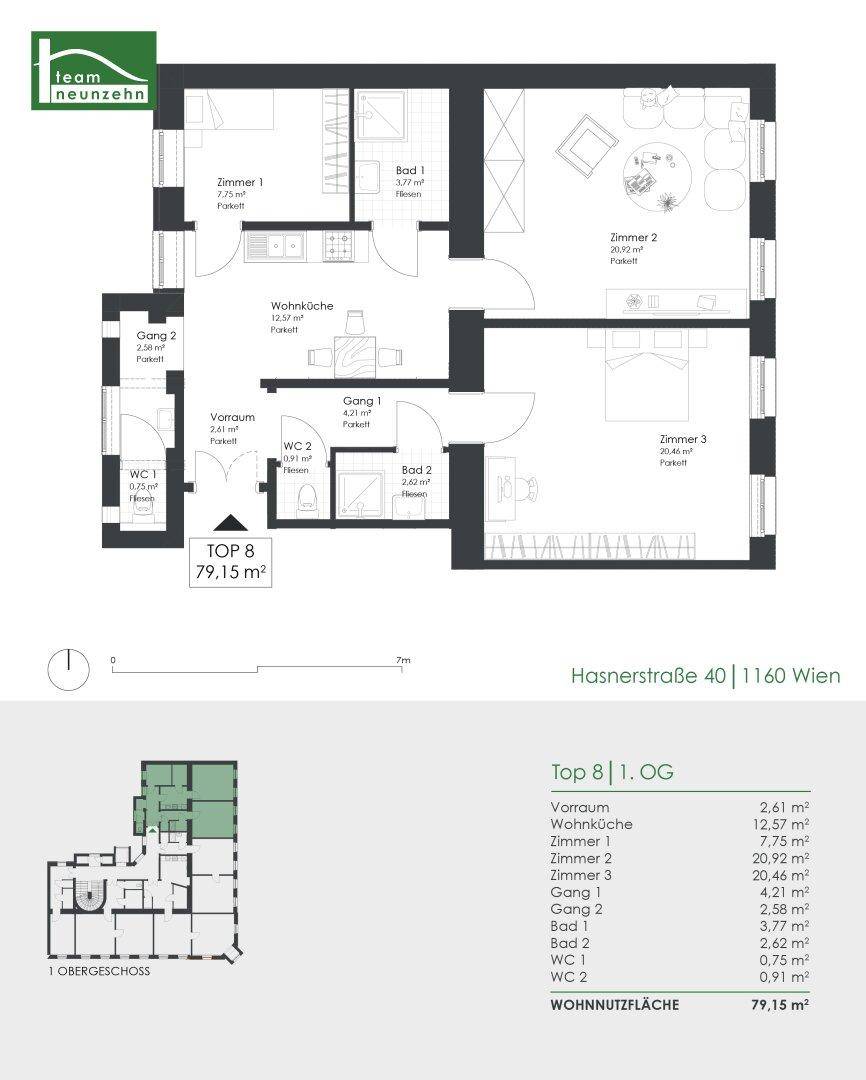 Grundriss einer modernen Wohnung mit drei Zimmern, zwei Bädern und Balkon.