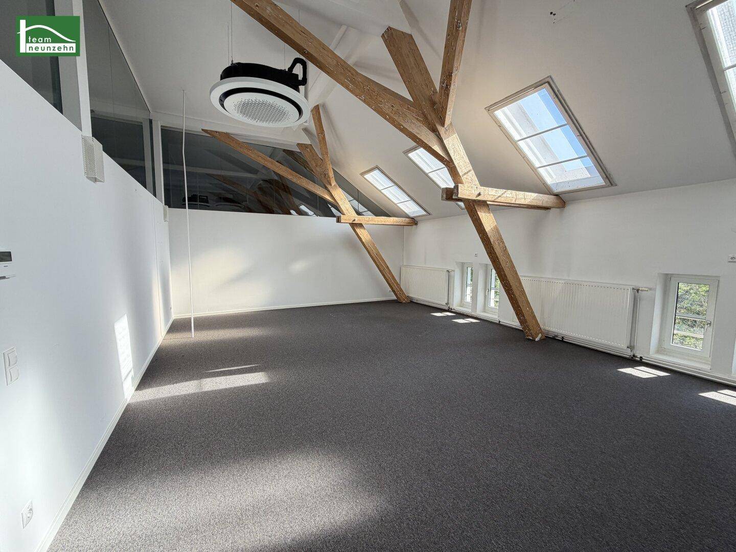 Heller Dachgeschossraum mit Teppichboden, sichtbaren Holzbalken und Dachfenstern, bietet viel Tageslicht.