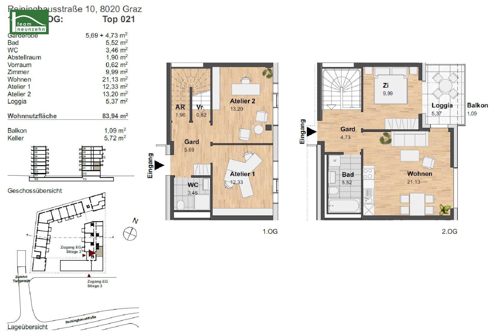 Grundriss einer Maisonette-Wohnung mit offenem Wohnbereich, Loggia und Balkon auf zwei Ebenen.