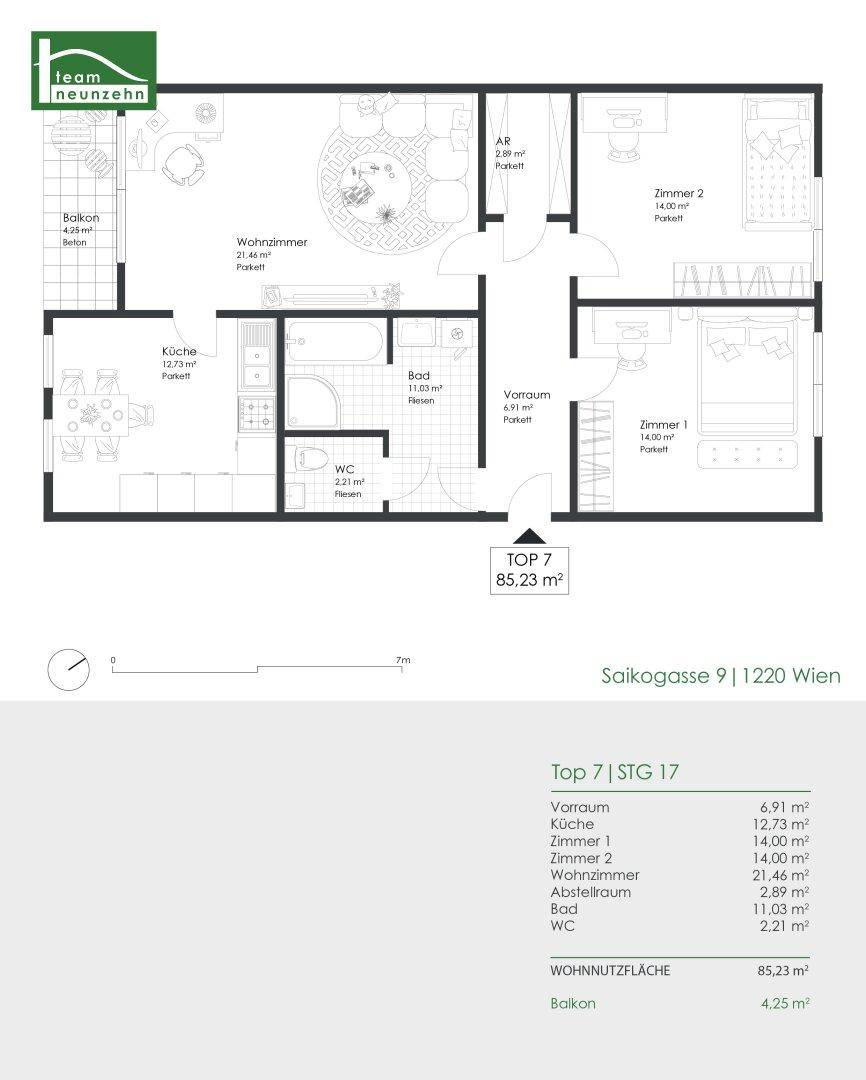 Grundrissplan der Wohnung TOP 7 mit 85,23 m² Wohnfläche, zwei Schlafzimmern und Balkon.