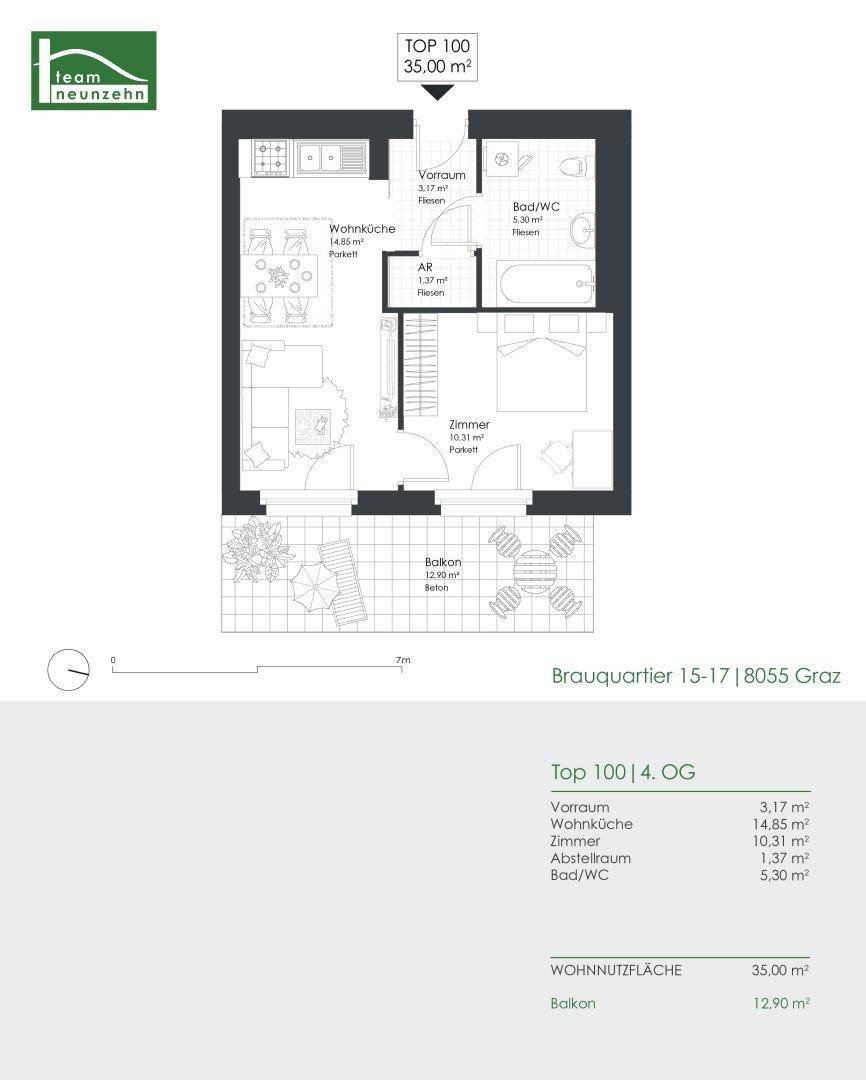 Detaillierter Grundriss einer 35 m² Wohnung mit offener Wohnküche, separatem Schlafzimmer und großem Balkon.