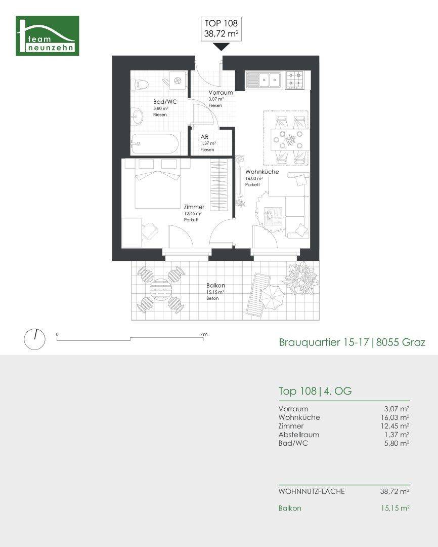 Grundriss einer modernen Wohnung mit offener Wohnküche, einem Schlafzimmer, Bad und großem Balkon.