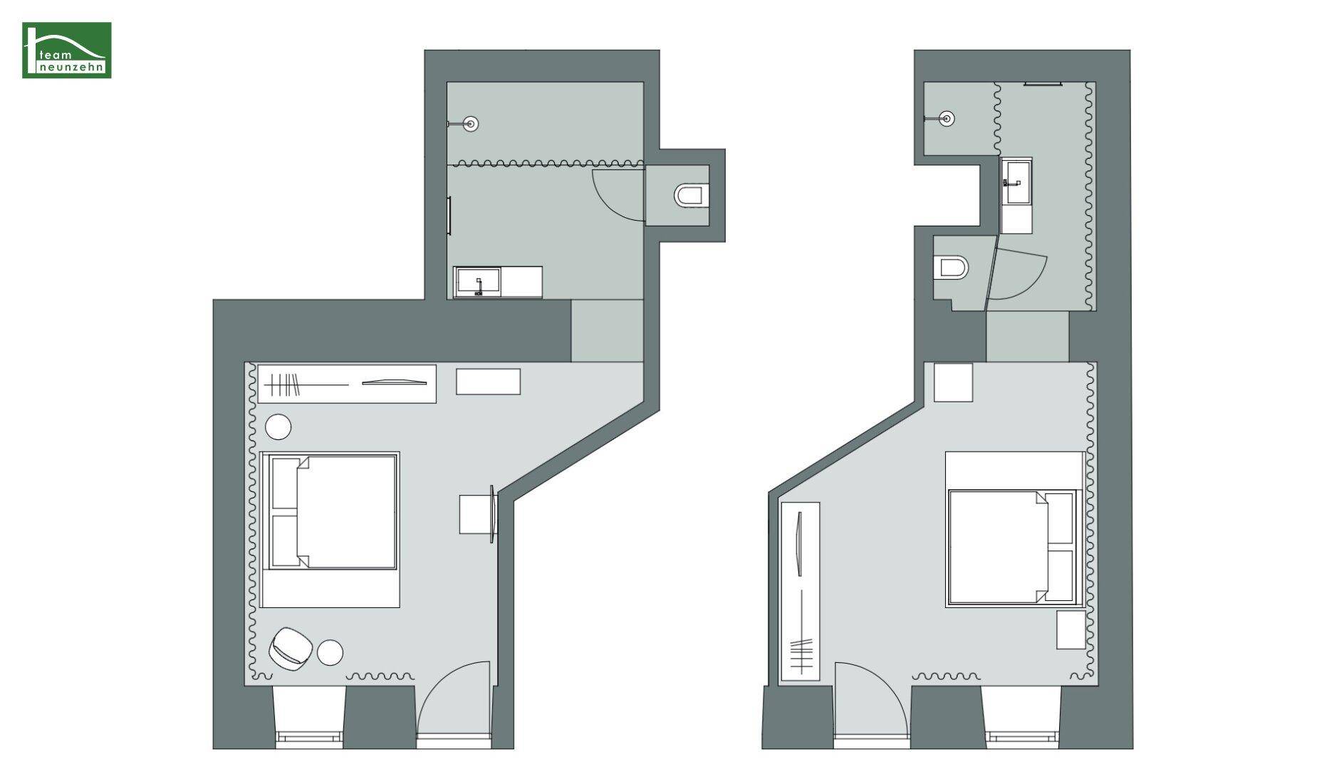 Grundrisspläne zeigen zwei separate Wohneinheiten mit Schlafzimmer und Bad.