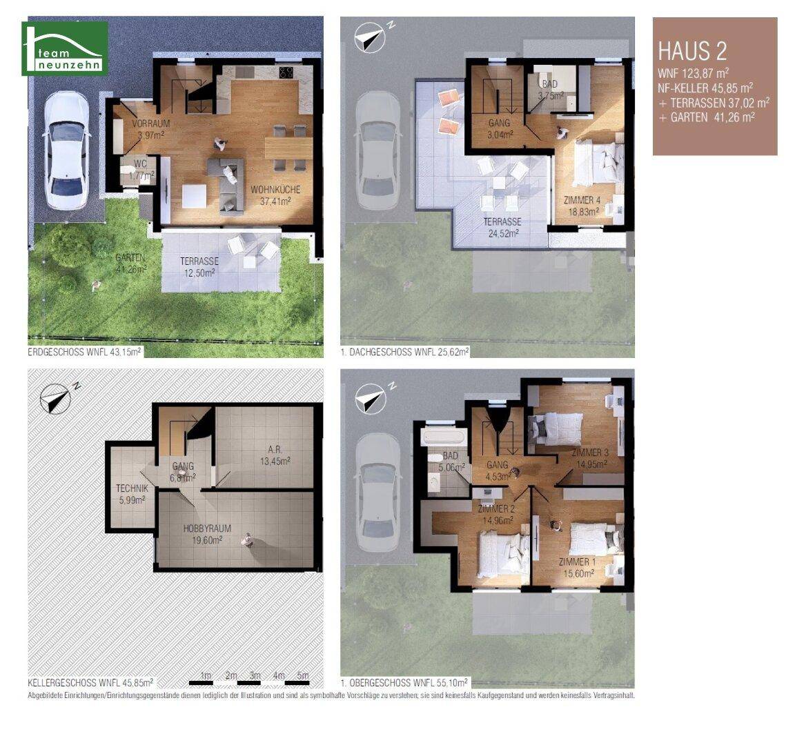 Übersichtlicher Grundrissplan über mehrere Etagen mit offenem Wohnbereich, Terrassen und Garten.