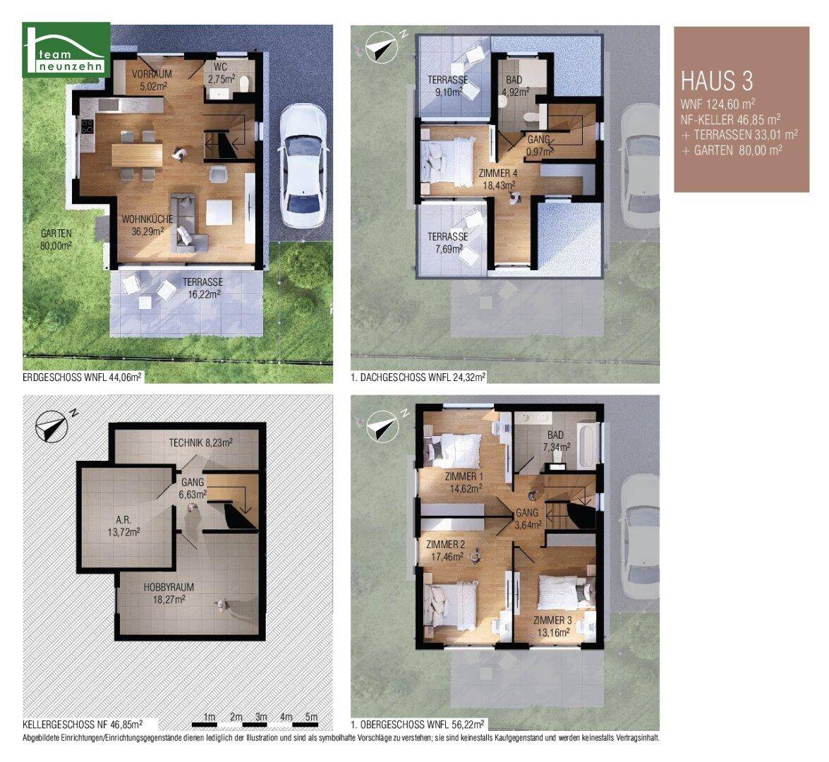 Grundriss für Haus 3 mit Erdgeschoss, Obergeschoss, Dachgeschoss und Keller, inklusive Garten und Terrassen.