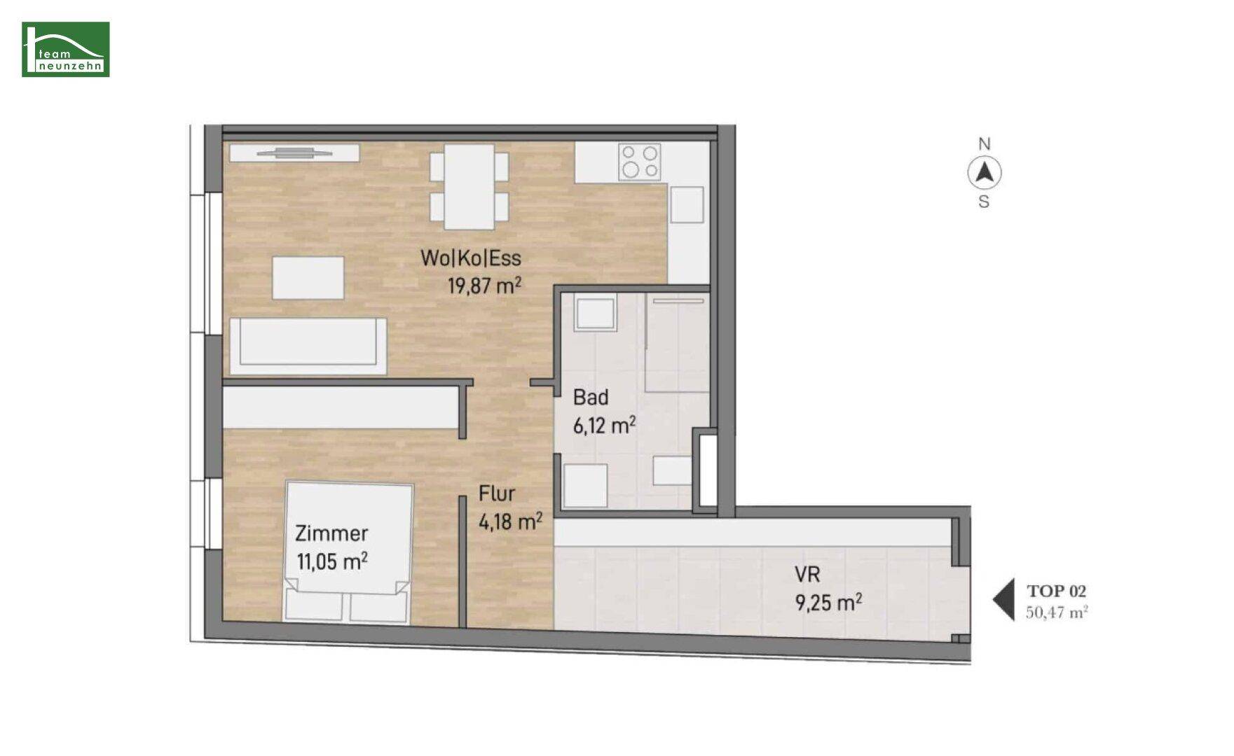 Grundriss einer Wohnung mit offenem Wohn-Koch-Essbereich, Schlafzimmer und Bad.