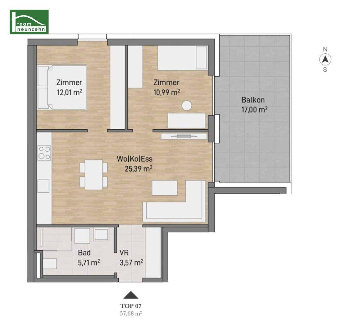 Grundriss einer Wohnung mit zwei Zimmern, Wohn-Koch-Essbereich und großem Balkon.