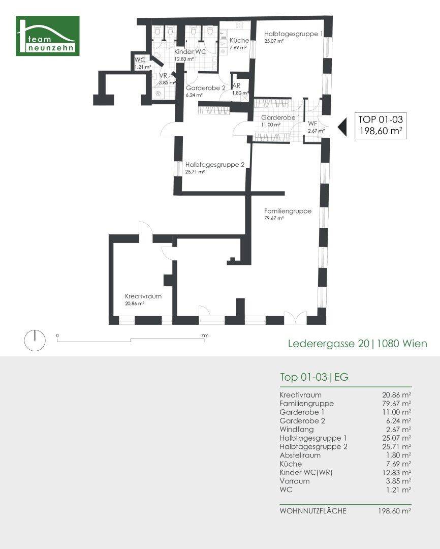 Grundrissplan der Einheit TOP 01-03 mit 198,60 m² Wohnfläche und verschiedenen Räumen.