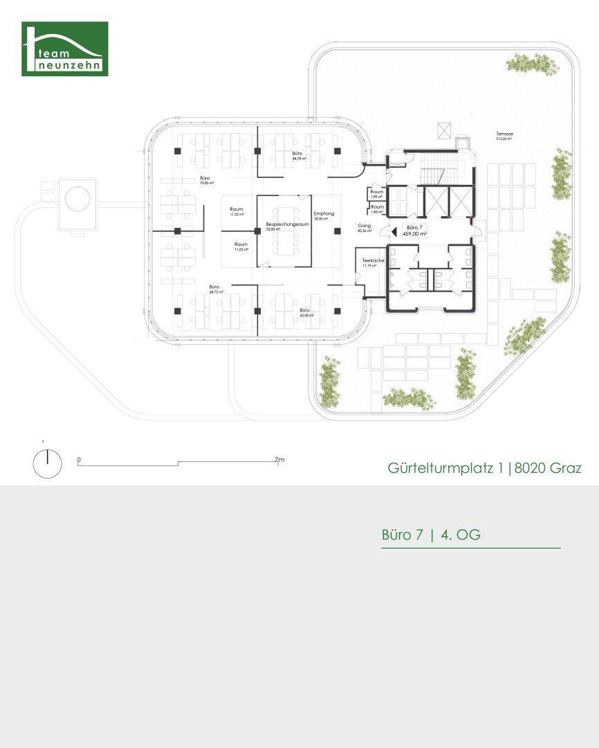 Grundriss eines modernen Büro im 4. Obergeschoss mit mehreren Räumen und einer Terrasse.