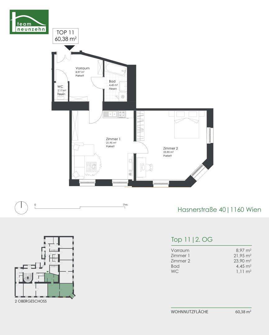 Grundriss der Wohnung Top 11 im zweiten Obergeschoss mit 60,38 m² Wohnfläche.