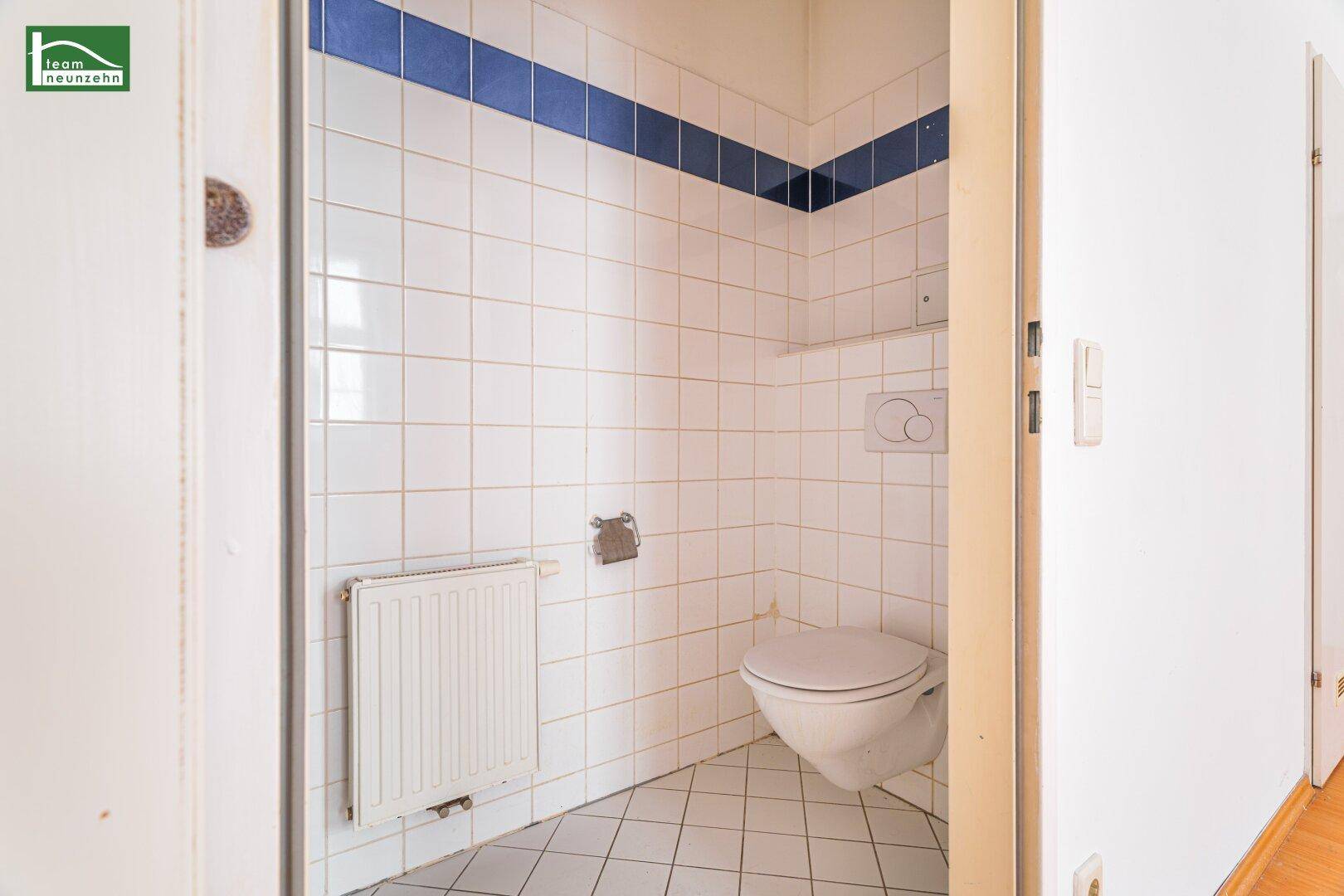 Separates WC mit wandhängender Toilette und weiß-blauen Fliesen, sehr sauber.
