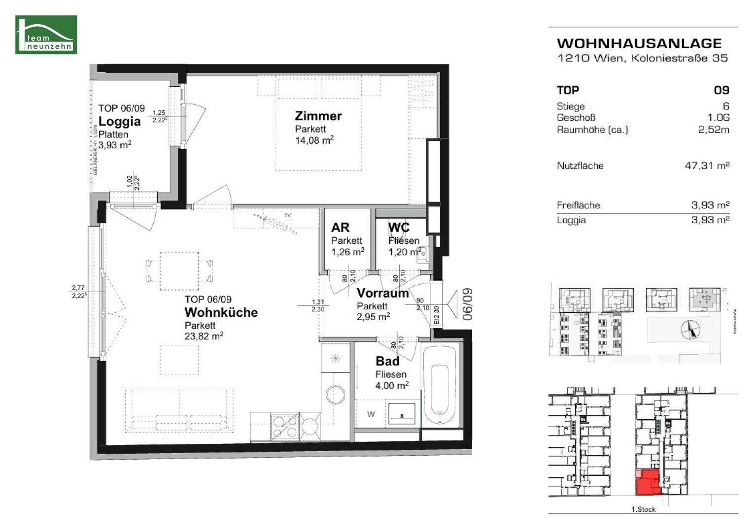 Detaillierter Grundriss einer Wohnung mit Wohnküche, Zimmer und Loggia.