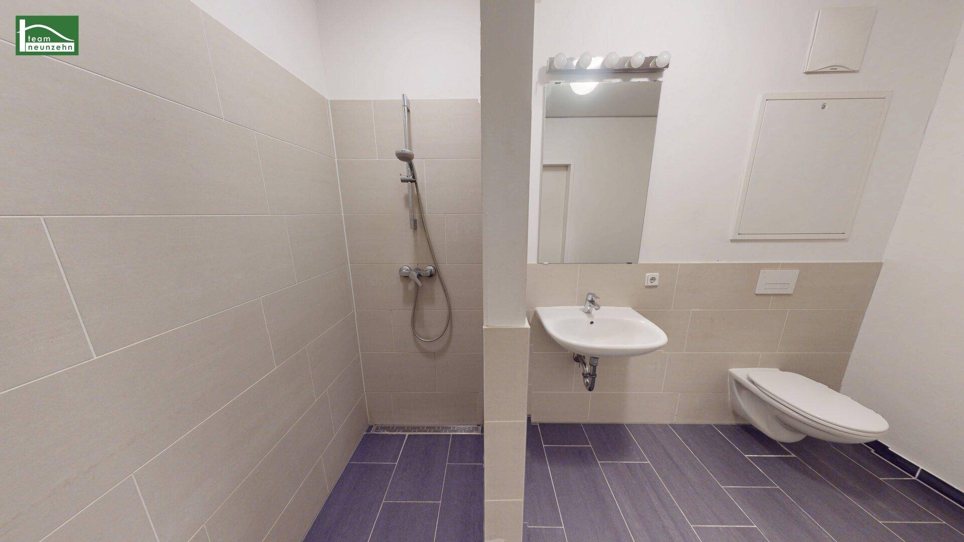 Modernes Badezimmer mit begehbarer Dusche, WC und Waschbecken.