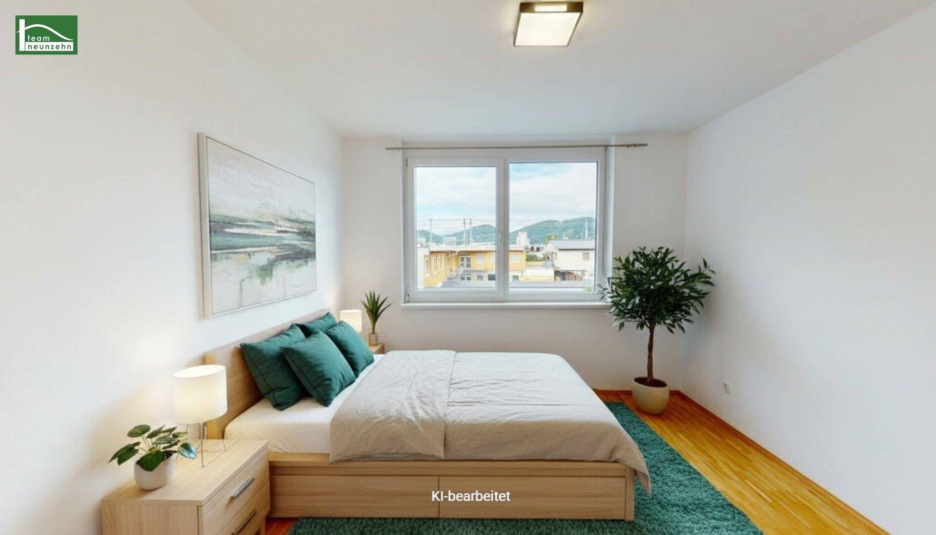 Gemütliches Schlafzimmer mit Doppelbett, Nachttischen und großem Fenster, modern eingerichtet.