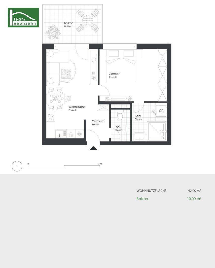Grundriss einer Wohnung mit Wohnküche, Schlafzimmer, Bad, WC und Balkon.