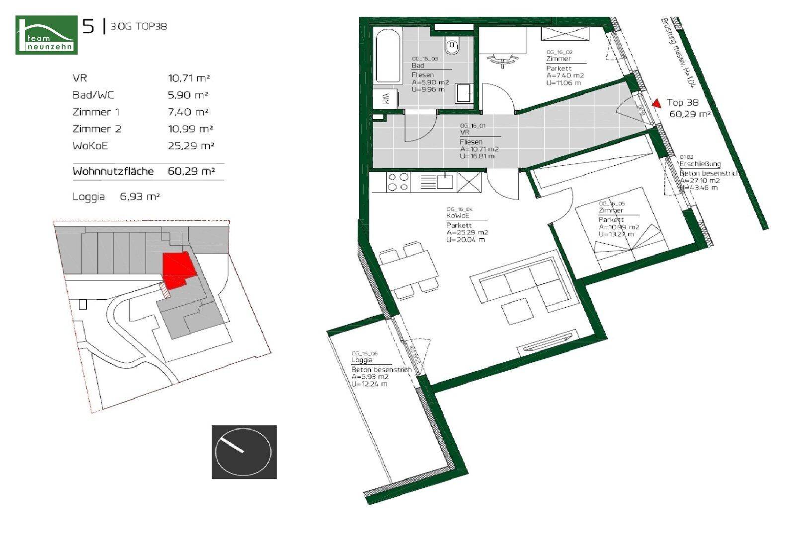 Grundriss einer Wohnung mit offenem Wohnbereich, zwei Schlafzimmern und Loggia.