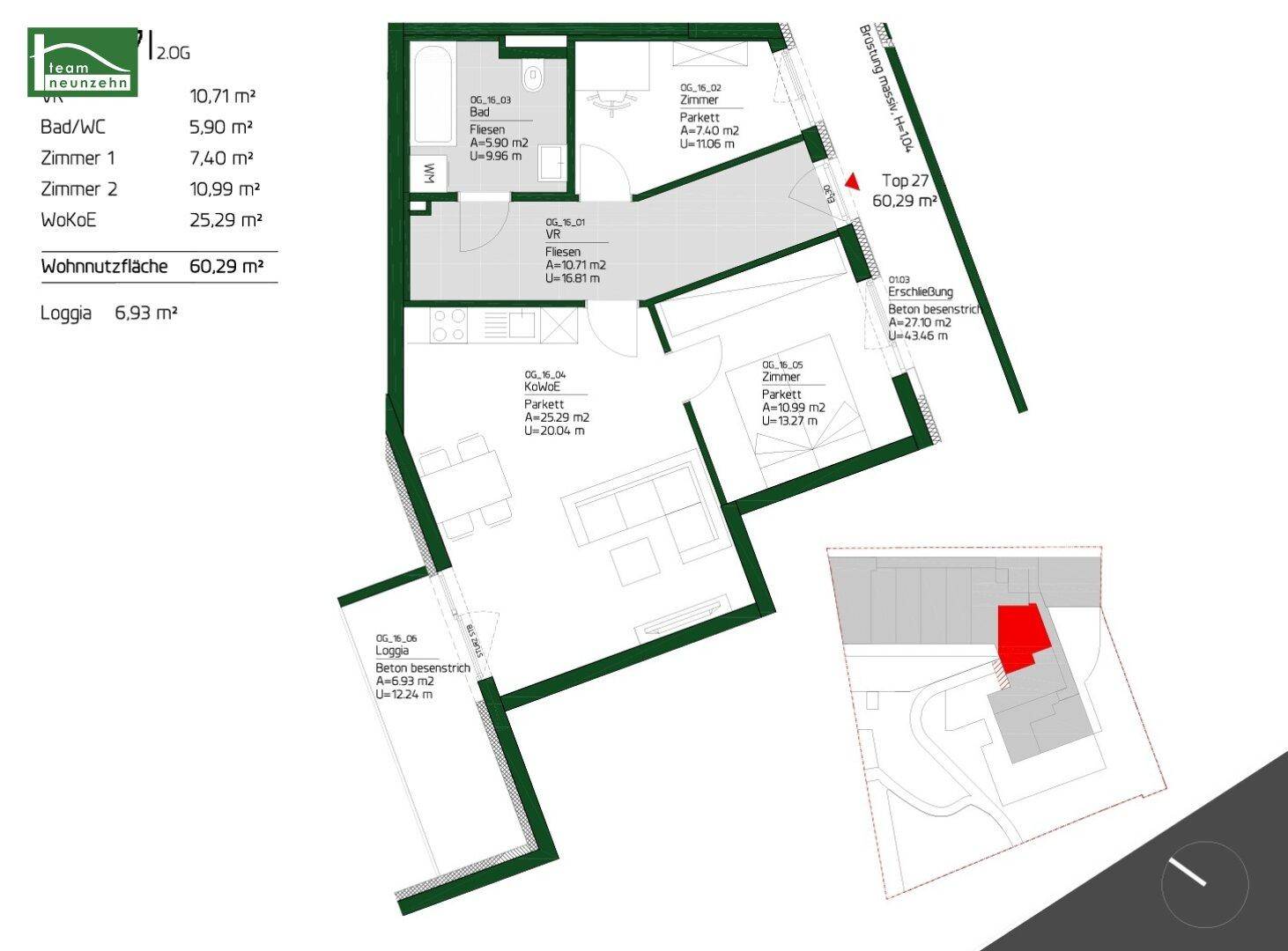 Detaillierter Grundriss einer Wohnung mit Loggia, zeigt die Raumaufteilung und Flächenangaben.