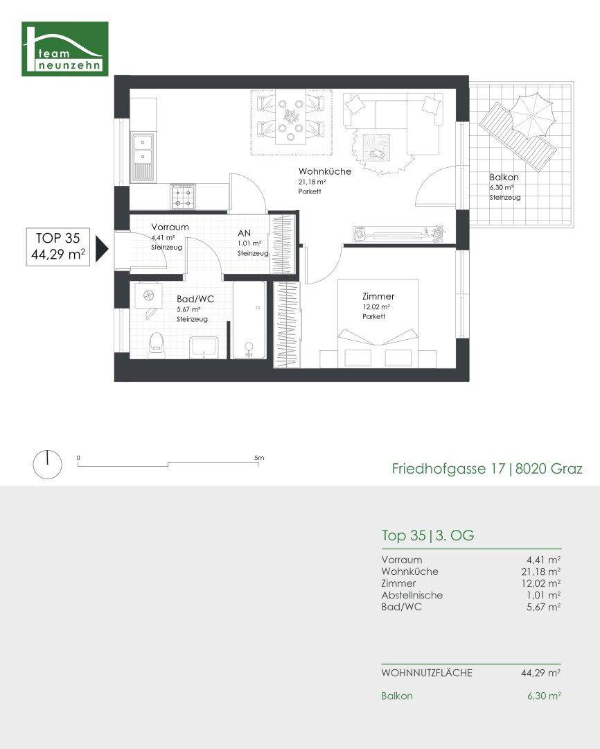 Grundriss einer Wohnung mit offener Wohnküche, einem Schlafzimmer, Bad/WC und einem Balkon.