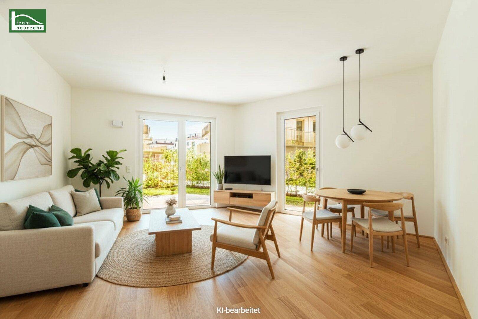 Helles Wohn- und Esszimmer mit Holzboden, modernen Möbeln und Zugang zum Garten.