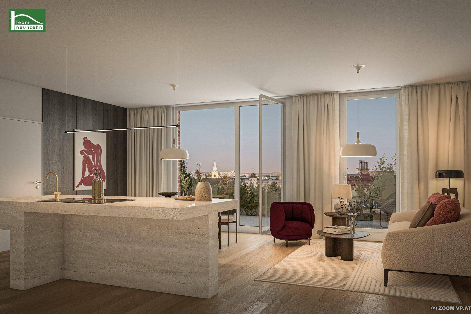 Moderner offener Wohn- und Essbereich mit Kücheninsel, großen Fenstern und Stadtblick.