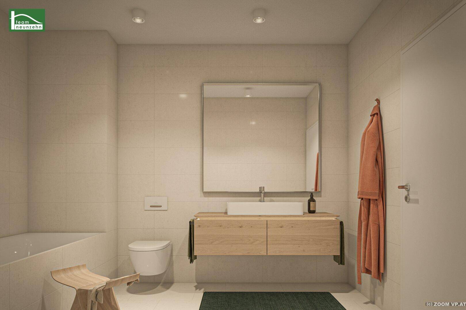 Modernes Badezimmer mit hellen Fliesen, schwebendem Holzwaschtisch und integrierter Badewanne.